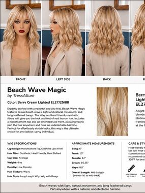 TressAllure Beach Wave Wig in Berry Cream Lighted Blonde. EL 27/25/88